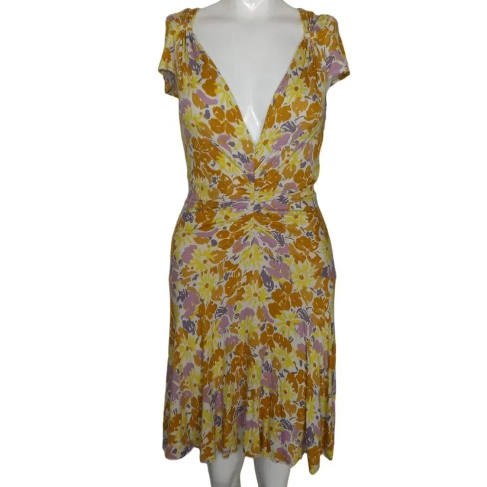 FREE PEOPLE Dress, M, Soft Ribbed, Plunging V,  Yellow/Purple Floral, Cap sleeve - Picture 14 of 14
